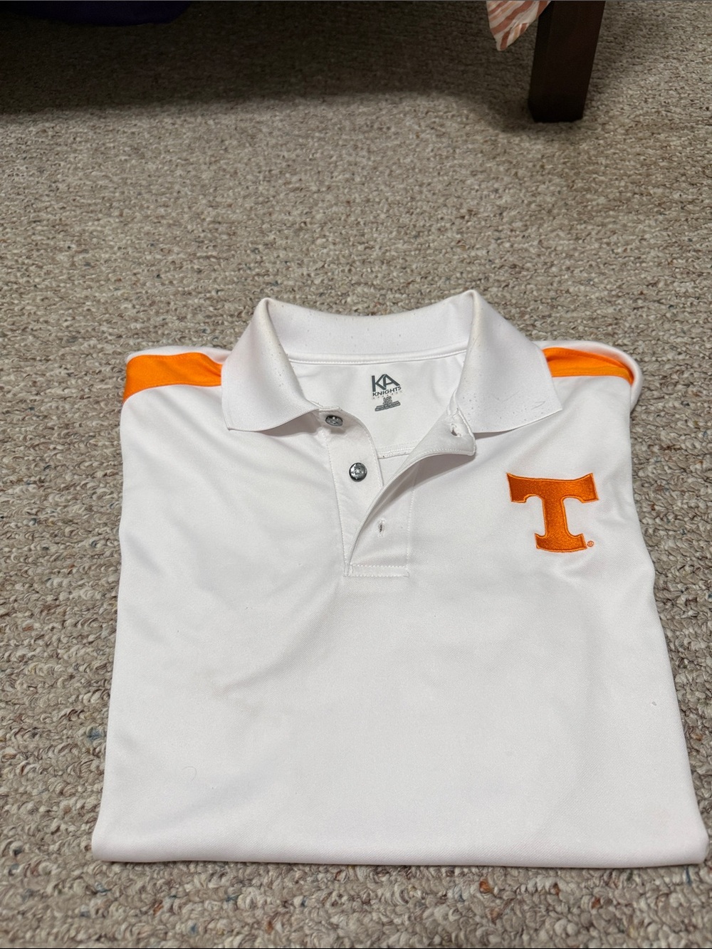 Knights Apparel White Polo with Orange Shoulder Stripes and 'T' Logo